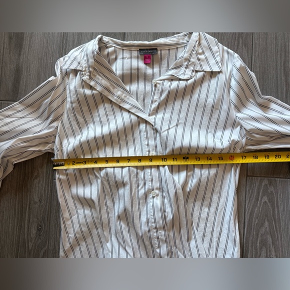 Vince Camuto|White pinstripe button down long sleeve blouse,cinch tie on back• - Picture 9 of 10